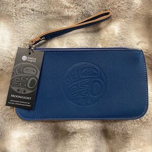 Native Origins blue vegan wristlet. Moonlight Maynard Johnny Jr. Coast Salish